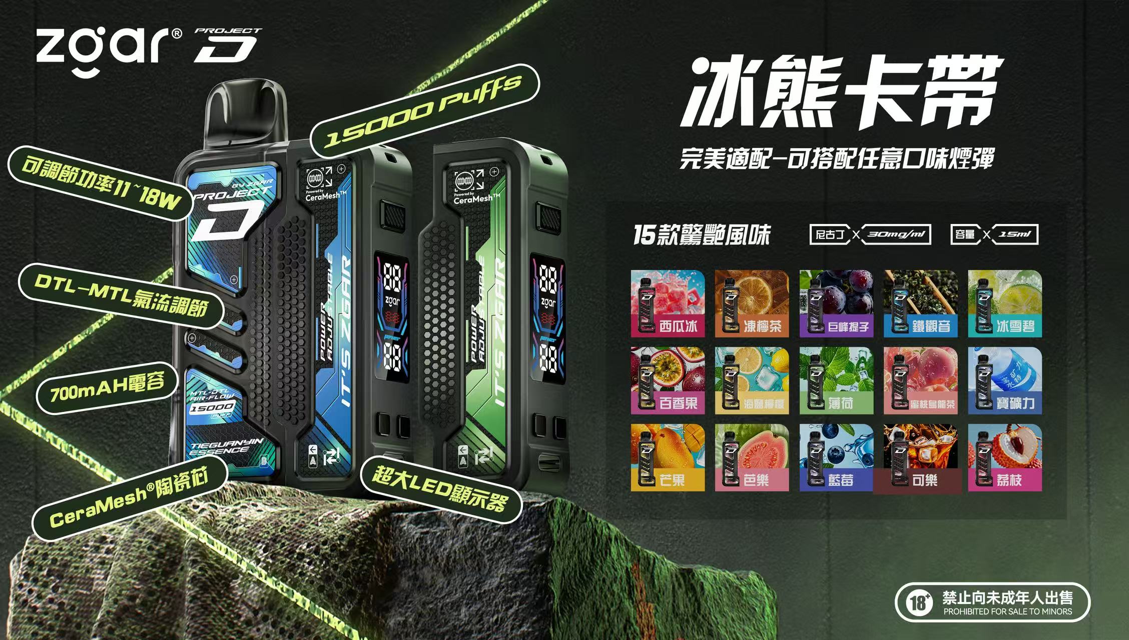 【加購100送主機】Zgar 冰熊卡帶主機&煙彈 15000口可調功率拋棄式 – 700mAh Type-C快充 11-18W輸出 磁吸換彈防漏 15ml煙油 LED顯示 多口味任選 台灣現貨:圖片 2